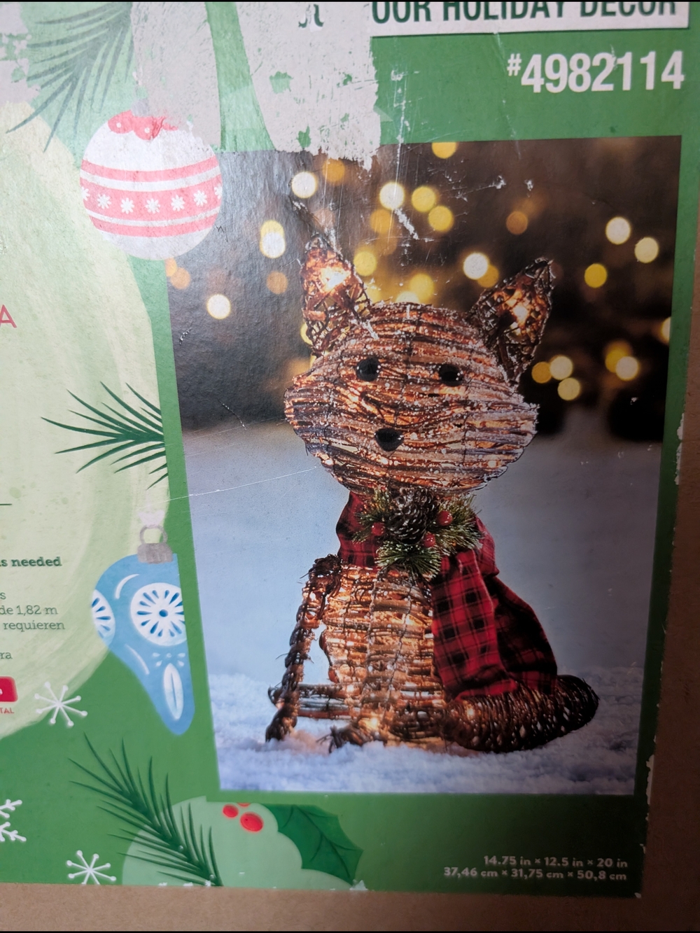 Holiday Light-Up Fox Décor in Brown with Red Plaid Scarf -